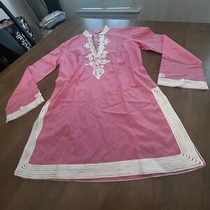 J McLaughlin Tunic Womens 2 Pink White Embroidered Boho Silk Blend Beaded Top